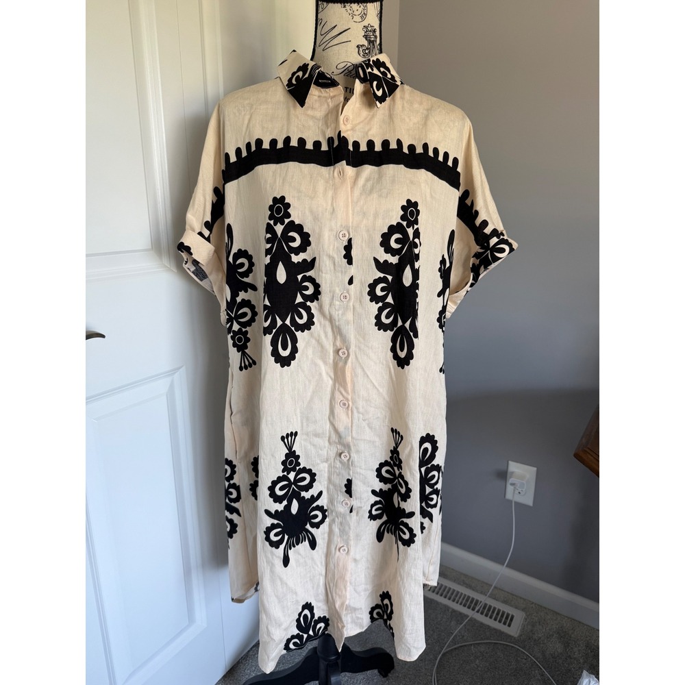 ChicMe Cream‎ Black Damask Print Button Down Shirt Dress Short Sleeve Large